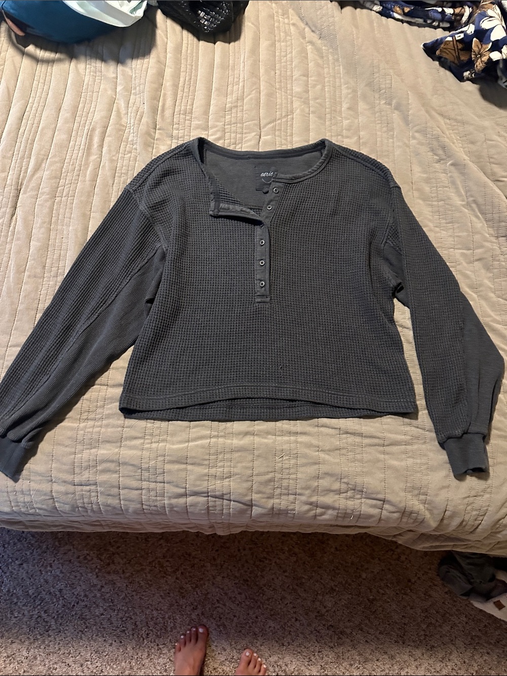 aerie Black Waffle Knit Henley Long Sleeve Top